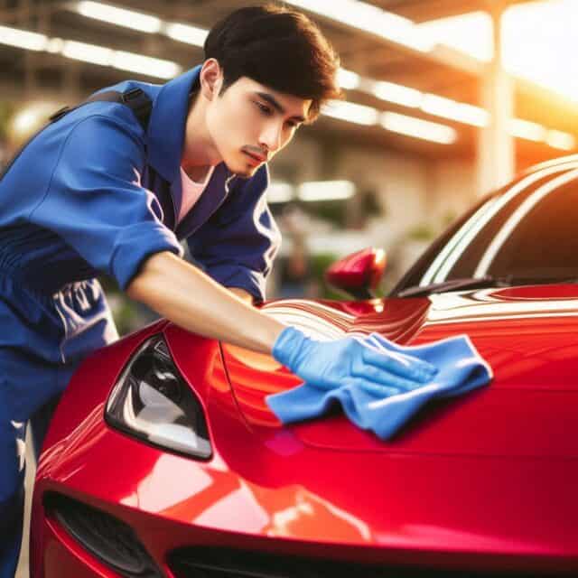 young man doing car detailing a red car