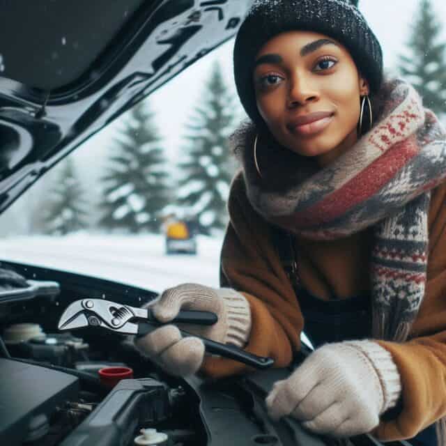 Young girl doing some winter car care tasks