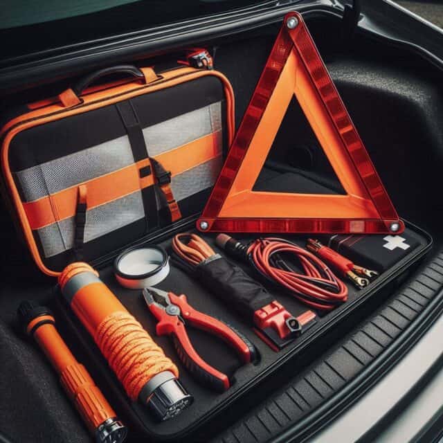 emergency car accessories in a car boot