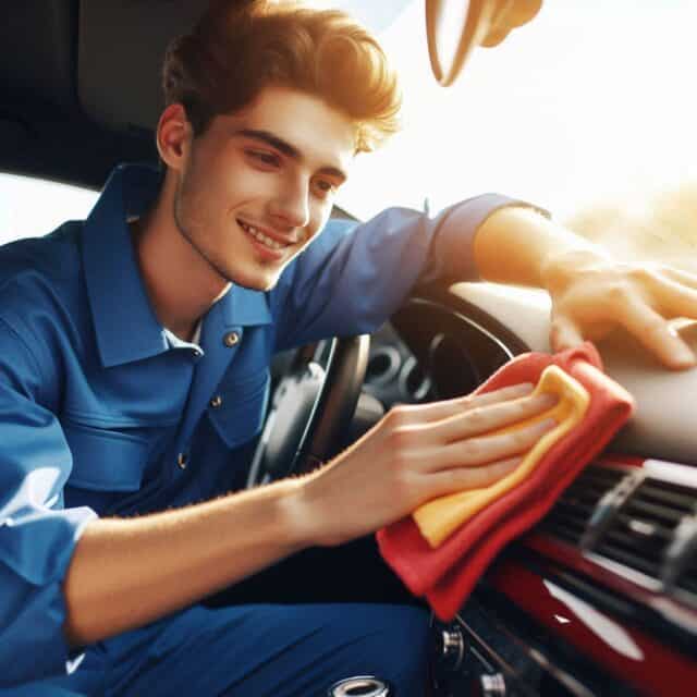 young man doing car cleaning the interior dashboard
